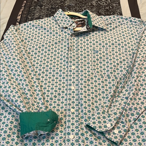 George Strait Wrangler Stylish Geometric Pattern Shirt - Green and White - Picture 9 of 9